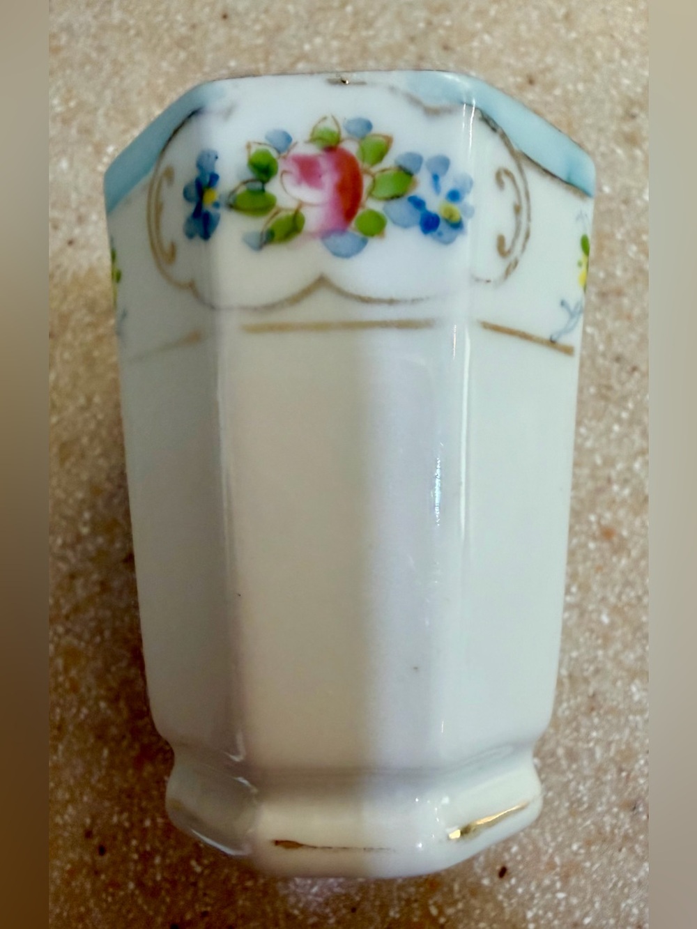 Antique Porcelain Toothpick Holder Pink Blue White Floral Octagon Nippon Japan
